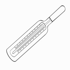 An outline vector illustration of a graduated thermometer isolated on white background. Designed in black and white colors for medical concepts