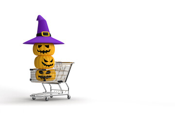 cart shopping sale pumpkin evil ghost fear horror scary  orange yellow white background mockup empty symbol happy halloween holiday 31 thirty one october month celebration festival party.3d render
