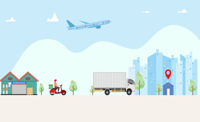 Modern Global logistic and Delivery service concept with truck and warehouse for export, import, and warehouse business.