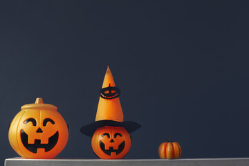 Various cute Halloween decoration on black background 