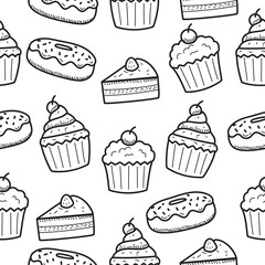 Cake doodle seamless pattern with a black and white color suitable for background or decoration