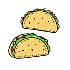 Cute taco vector in colorful doodle style isolated on white background