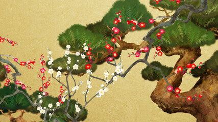 Gold leaf background and Japanese style pine and plum