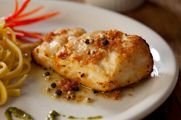 Peixe grelhado com temperos de azeite e pimenta preta, big close 