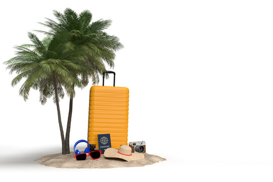 Suitcase with traveler accessories, essential vacation items. Adventure and travel holiday trip. Traveling concept design banner mockup template. 3D rendering