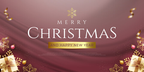 Merry christmas realistic banner with golden theme christmas element decoration