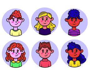 Set of cartoon style people. Multiracial people avatars. Profile icon collection. Flat vector illustration. 