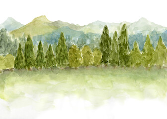 高原の風景　アウトドア　木々と山々の背景イラスト