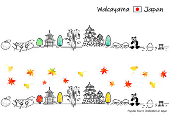 秋の和歌山県の観光地の街並みのシンプル線画セット