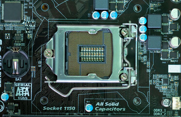 Complex Mainboard electronic circuits of computer, A powerful computer processor and a modern motherboard.