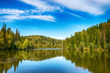 Fototapeta na wymiar Blue sky reflection in the river water landscape