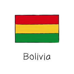 Bolivia flag with outline and signature isolated on a white background. Hand drawn color vector illustration in sketch style.