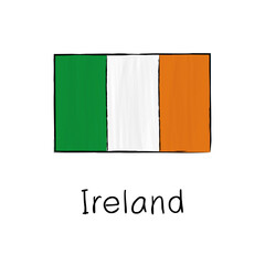 Ireland flag with outline and signature isolated on a white background. Hand drawn color vector illustration in sketch style.