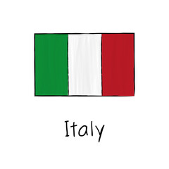 Italy flag with outline and signature isolated on a white background. Hand drawn color vector illustration in sketch style.