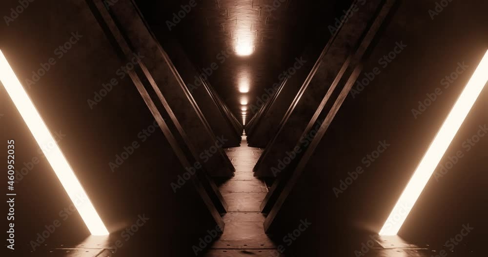 Poster 3d rendering seamless loop motion of metal corridor with orange neon light.
