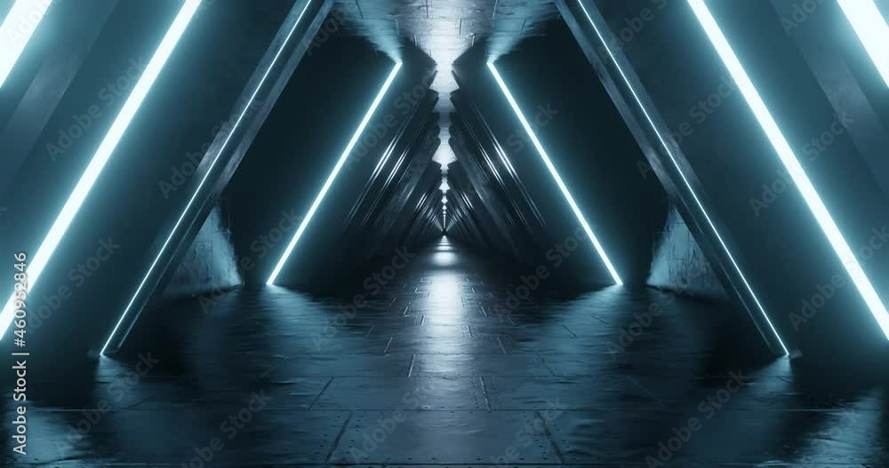 Poster 3d rendering seamless loop motion of metal corridor with light blue neon light.