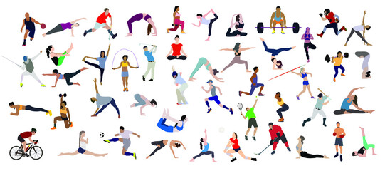 Group of people performing sports activities, doing yoga and gymnastics exercises, jogging, riding bicycles, playing ball game and tennis. Outdoor workout. Flat cartoon vector illustration - obrazy, fototapety, plakaty