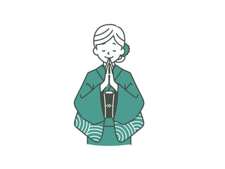 手を合わせている着物姿の女性-2色