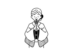 手を合わせている着物姿の女性-黒