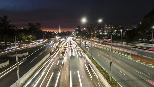 sundown time lapse of traffic on the famous 23 de Maio Avenue in Sao Paulo, Brazil. This avenue run past Ibirapuera Park.