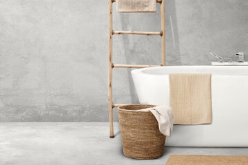 Japandi bathroom interior design with wooden furniture