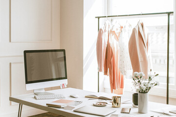 Obraz na płótnie Canvas Fashion designer office wallpaper, white tone filter
