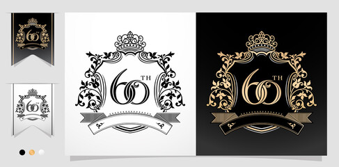 illustration of 60th anniversary symbol with royal crown design emblems, two variation gold and monochrome design isolated black and white backgrounds. applicable for greeting cards, invitation etc.
