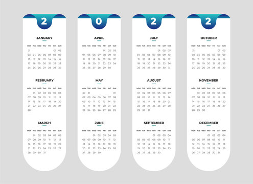 Desktop Monthly Photo Calendar 2022. Simple monthly horizontal photo calendar Layout for 2022 year in English. Cover Calendar and 12 months templates. Week starts from Monday. Vector illustration.