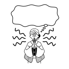 手を合わせて祈っている着物姿の女性と吹き出し-黒