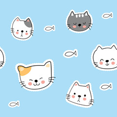 Cute cat cartoon doodle seamless pattern on blue pastel Vector