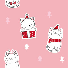 Cute christmas cat cartoon doodle seamless pattern on pink pastel Vector