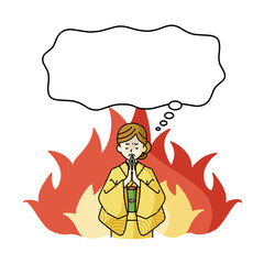 手を合わせて祈っている着物姿の女性と吹き出し