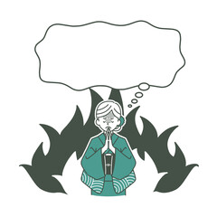 手を合わせて祈っている着物姿の女性と吹き出し-2色