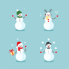 Christmas and New year  set with cute snowmen in different poses and emotions, in a Santa Claus hat, in a scarf, hat, listening to music with headphones, juggling with snowballs. Vector illustration