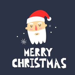Santa Claus portrait. Christmas character. Cute xmas face and snowflake, winter holidays decor, postcard, print or poster dark blue background, lettering vector cartoon isolated card