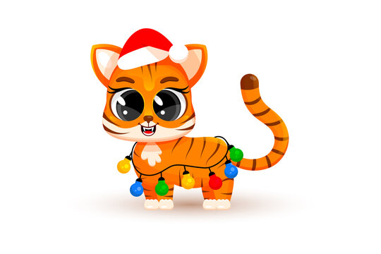 A cute cartoon tiger cub tangled in garlands, light bulbs. Christmas concept, Chinese New Year, a symbol of 2022. Fashionable sticker. Christmas card. Vector illustration isolated on white background.