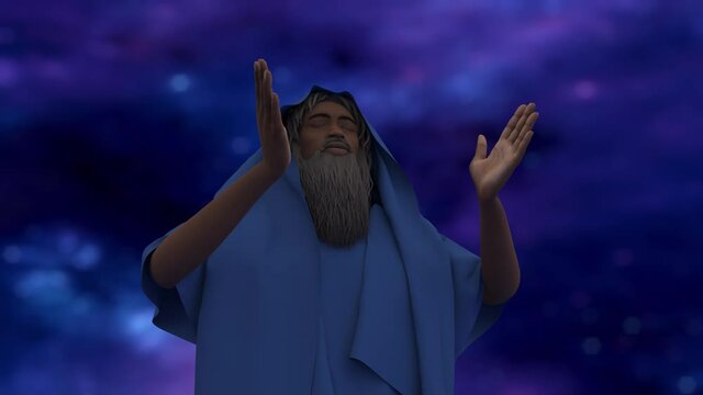 Biblical prophet Enoch praying to God in heaven