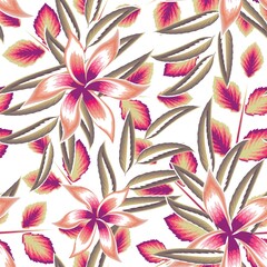 Fototapeta premium Illustration with cute and colorful flowers and plants leaves seamless tropical pattern. floral wallpaper. tropical background. jungle print. exotic summer. fashionable texture