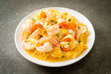 creamy omelet with shrimps or scrambled eggs and shrimps