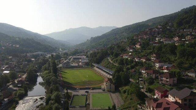Foca Stadium, Home of Sutjeska Football Club, Drone Aerial View, Bosnia and Herzegovina