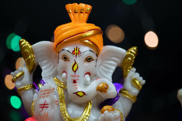 Detailed Closeup Of Hindu God Lord Ganesha Ganpati Bappa Morya In Orange Pagdi For Worship On...