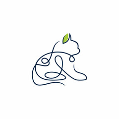 sitting cat with a line concept logo design inspiration, there is a leaf in the ear, cat silhouette monoline business logo
