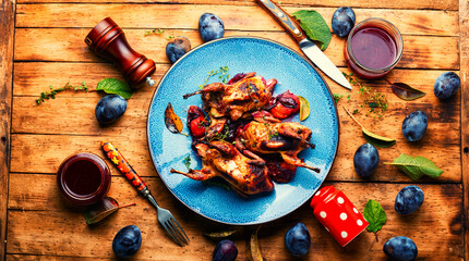 Whole quail stewed in plum
