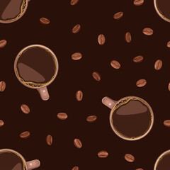 Coffee background. Cup of coffee top view, beans isolated on dark. Seamless pattern. Vector cartoon flat illustration.