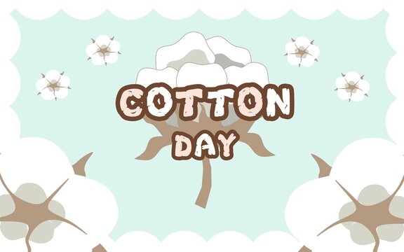 Cotton Day greeting card with a top view of a cotton plant and cloud border illustration