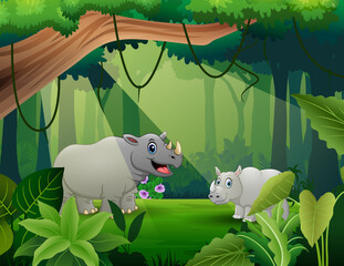 Rhinos cartoon living in the jungle illustration