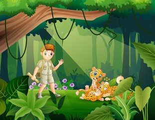 Explorer boy and cheetah in the jungle illustration