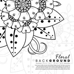Background with mehndi flowers. Book cover with flower texture. Black lines on white background.