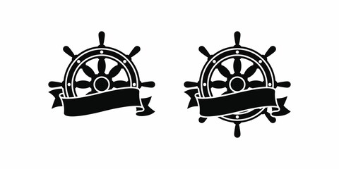 Set of black and white illustrations of a steering wheel, ribbon on a white background. Design element for emblem, label, badge, sticker. Vector illustration. Marine symbols.