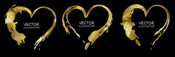 Gold heart isolated on black backgrounds set, hand painted golden vector.